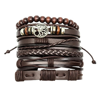 THE MEN THING Leather Bracelet MIDNIGHT LIFETREE - Brown 6 Pcs Genuine Leather Adjustable Bracelet Set for Men & Boys (8 inch)