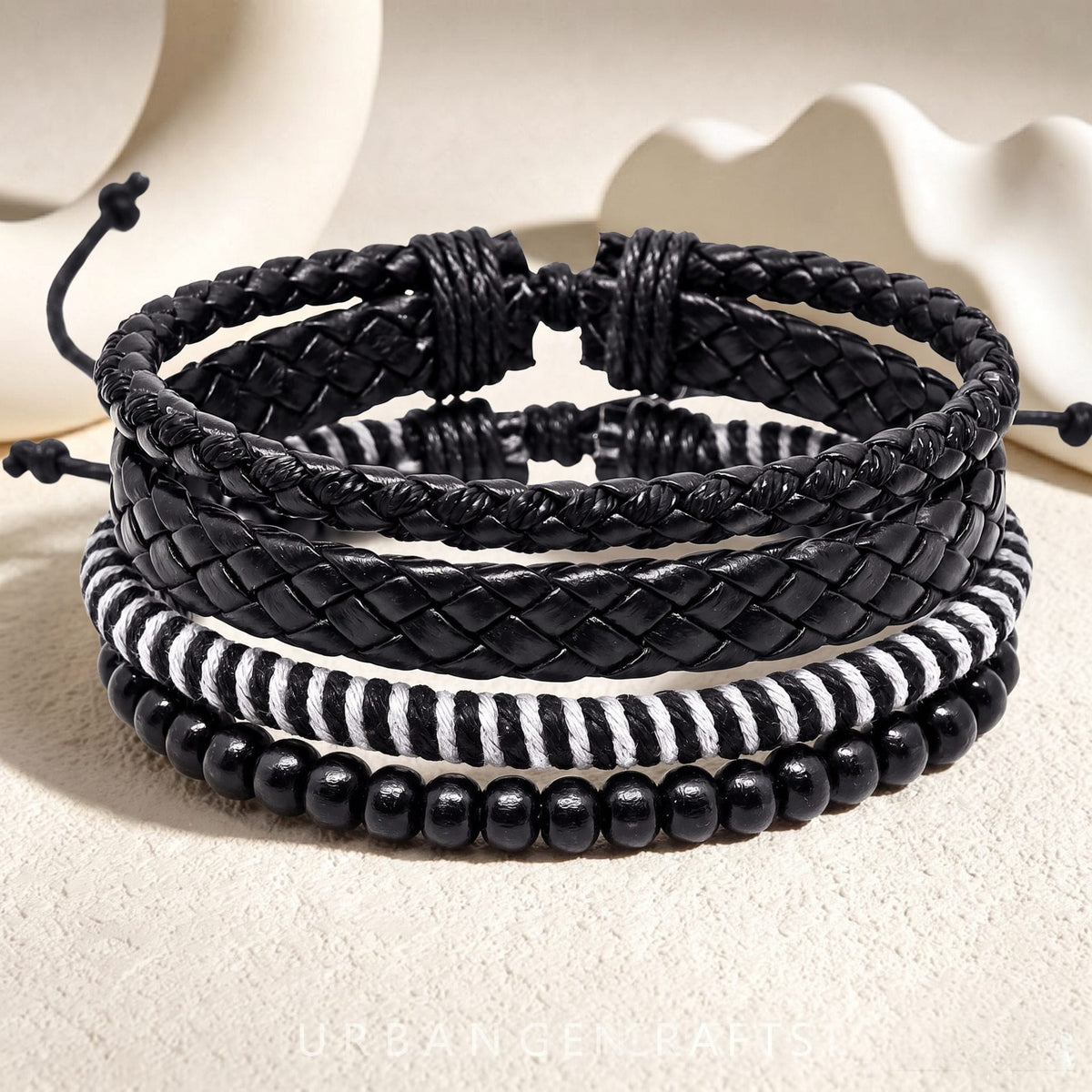 THE MEN THING Leather Bracelet MONO WEAVE - 4Pcs Genuine Leather Adjustable Bracelets Set for Men & Boys
