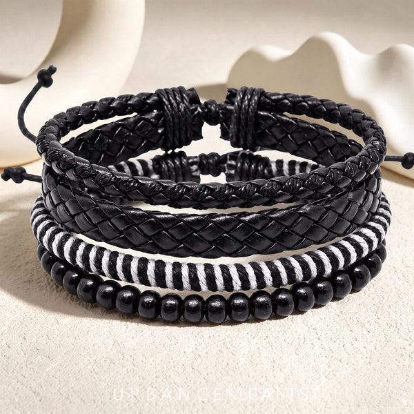 MONO WEAVE - 4Pcs Genuine Leather Adjustable Bracelets Set for Men & Boys