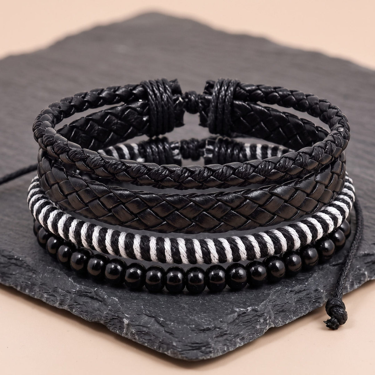 THE MEN THING Leather Bracelet MONO WEAVE - 4Pcs Genuine Leather Adjustable Bracelets Set for Men & Boys