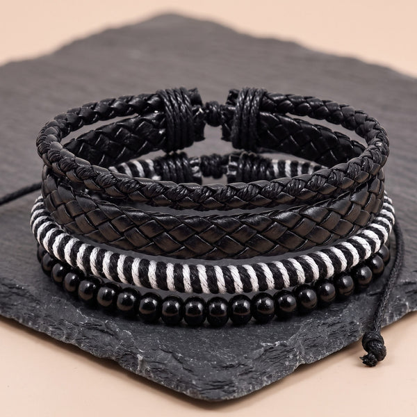 MONO WEAVE - 4Pcs Genuine Leather Adjustable Bracelets Set for Men & Boys