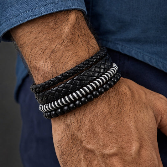 THE MEN THING Leather Bracelet MONO WEAVE - 4Pcs Genuine Leather Adjustable Bracelets Set for Men & Boys