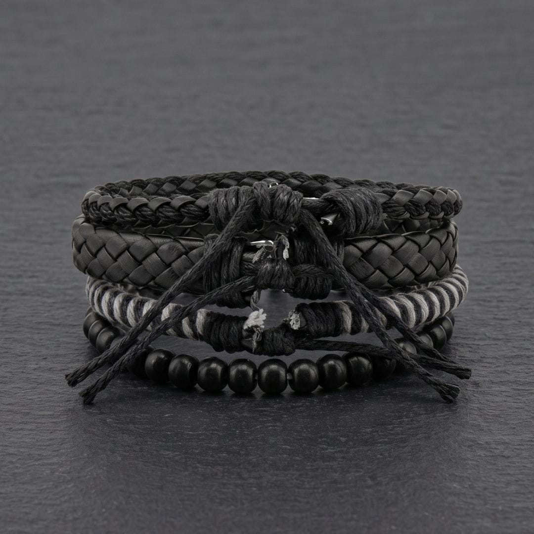 THE MEN THING Leather Bracelet MONO WEAVE - 4Pcs Genuine Leather Adjustable Bracelets Set for Men & Boys