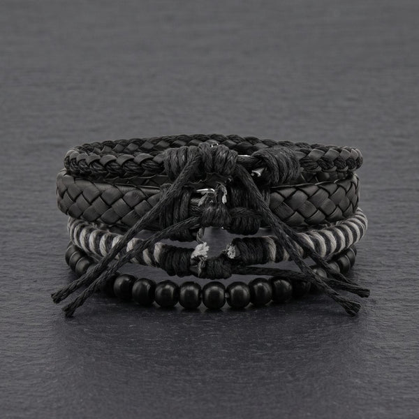 MONO WEAVE - 4Pcs Genuine Leather Adjustable Bracelets Set for Men & Boys