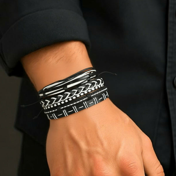 MONOCHROME - 6 Pcs Genuine Leather Adjustable Bracelet Set for Men & Boys (8 inch)