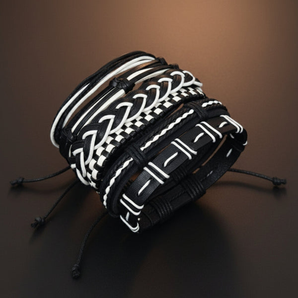 MONOCHROME - 6 Pcs Genuine Leather Adjustable Bracelet Set for Men & Boys (8 inch)
