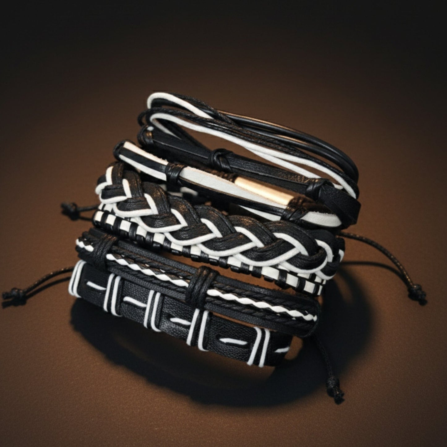 THE MEN THING Leather Bracelet MONOCHROME - 6 Pcs Genuine Leather Adjustable Bracelet Set for Men & Boys (8 inch)