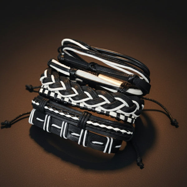 MONOCHROME - 6 Pcs Genuine Leather Adjustable Bracelet Set for Men & Boys (8 inch)