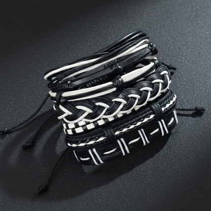 THE MEN THING Leather Bracelet MONOCHROME - 6 Pcs Genuine Leather Adjustable Bracelet Set for Men & Boys (8 inch)