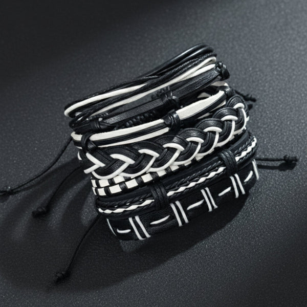 MONOCHROME - 6 Pcs Genuine Leather Adjustable Bracelet Set for Men & Boys (8 inch)