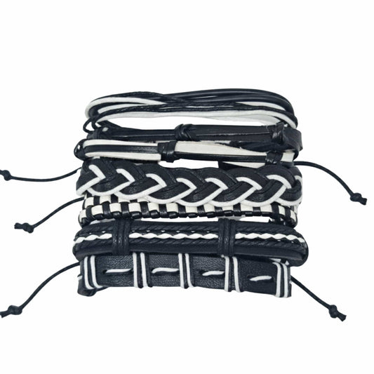 THE MEN THING Leather Bracelet MONOCHROME - 6 Pcs Genuine Leather Adjustable Bracelet Set for Men & Boys (8 inch)