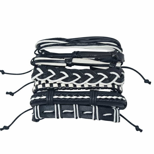 MONOCHROME - 6 Pcs Genuine Leather Adjustable Bracelet Set for Men & Boys (8 inch)