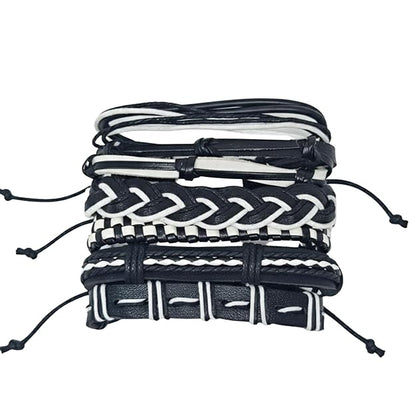 THE MEN THING Leather Bracelet MONOCHROME 6 Pcs Genuine Leather Adjustable Bracelet Set for Men & Boys (8 inch)