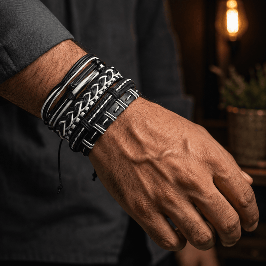 THE MEN THING Leather Bracelet MONOCHROME - 6 Pcs Genuine Leather Adjustable Bracelet Set for Men & Boys (8 inch)