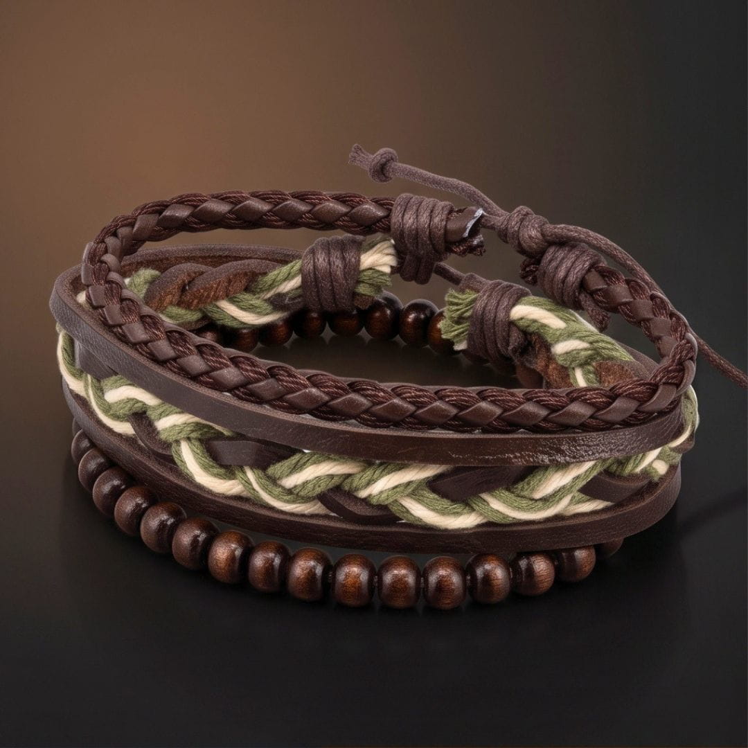 THE MEN THING Leather Bracelet MOSS RIDGE - 3Pcs Genuine Leather Adjustable Bracelets Set for Men & Boys