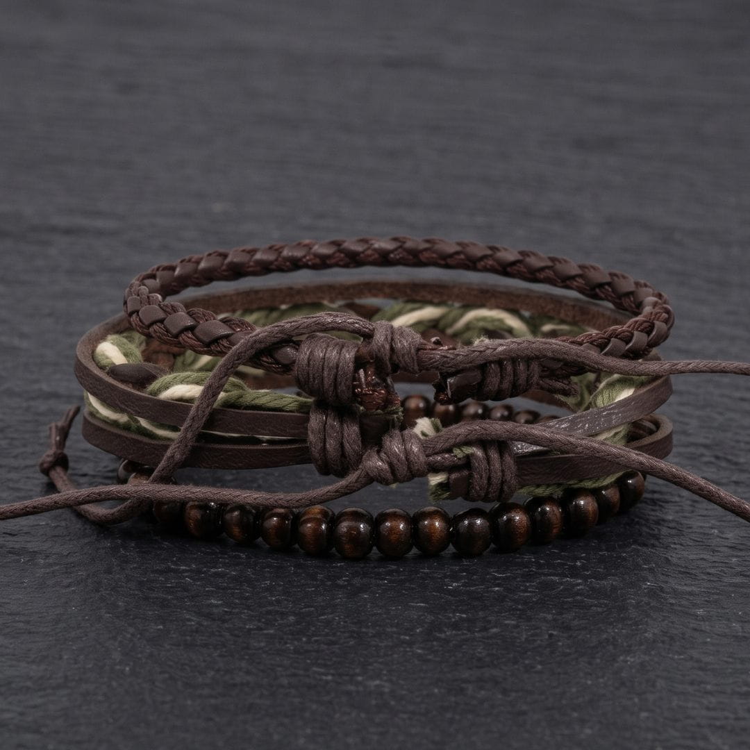 THE MEN THING Leather Bracelet MOSS RIDGE - 3Pcs Genuine Leather Adjustable Bracelets Set for Men & Boys