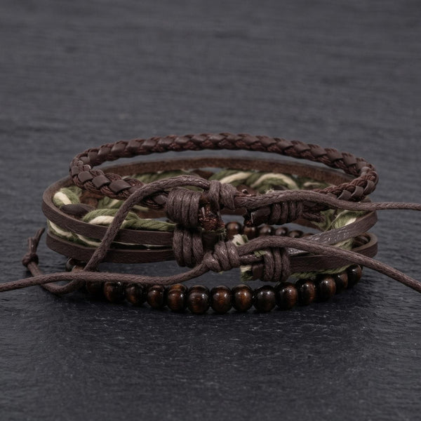 MOSS RIDGE - 3Pcs Genuine Leather Adjustable Bracelets Set for Men & Boys