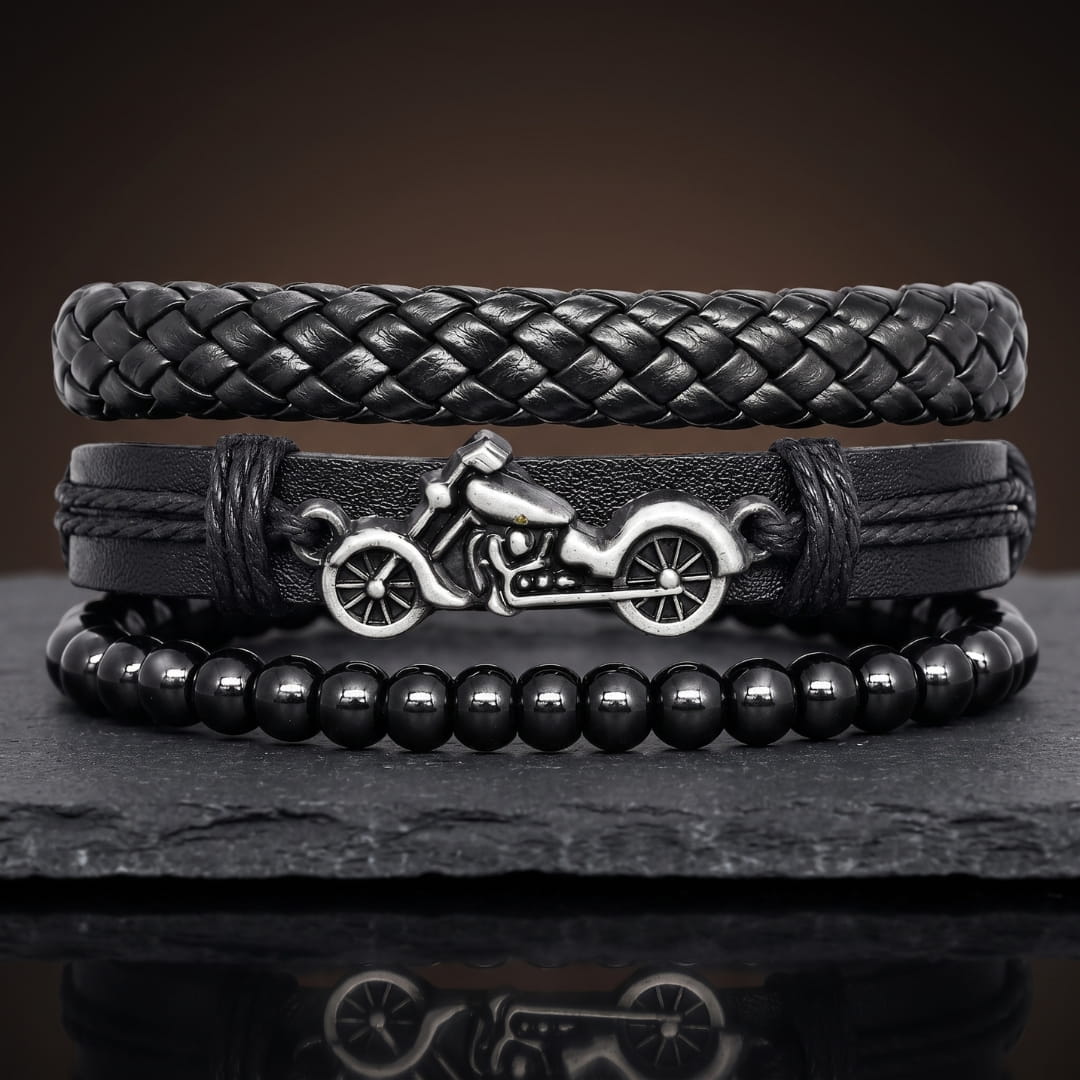 THE MEN THING Leather Bracelet MOTO RIDER BLACK - 3Pcs Genuine Leather Adjustable Bracelets Set for Men & Boys