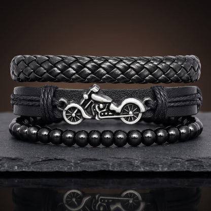 THE MEN THING Leather Bracelet MOTO RIDER BLACK - 3Pcs Genuine Leather Adjustable Bracelets Set for Men & Boys