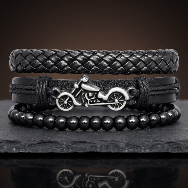 MOTO RIDER BLACK - 3Pcs Genuine Leather Adjustable Bracelets Set for Men & Boys
