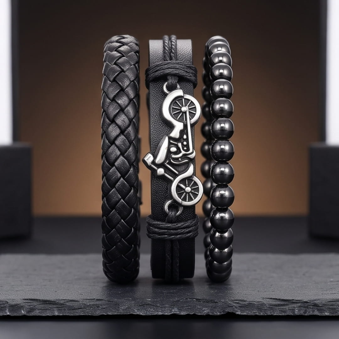 THE MEN THING Leather Bracelet MOTO RIDER BLACK - 3Pcs Genuine Leather Adjustable Bracelets Set for Men & Boys