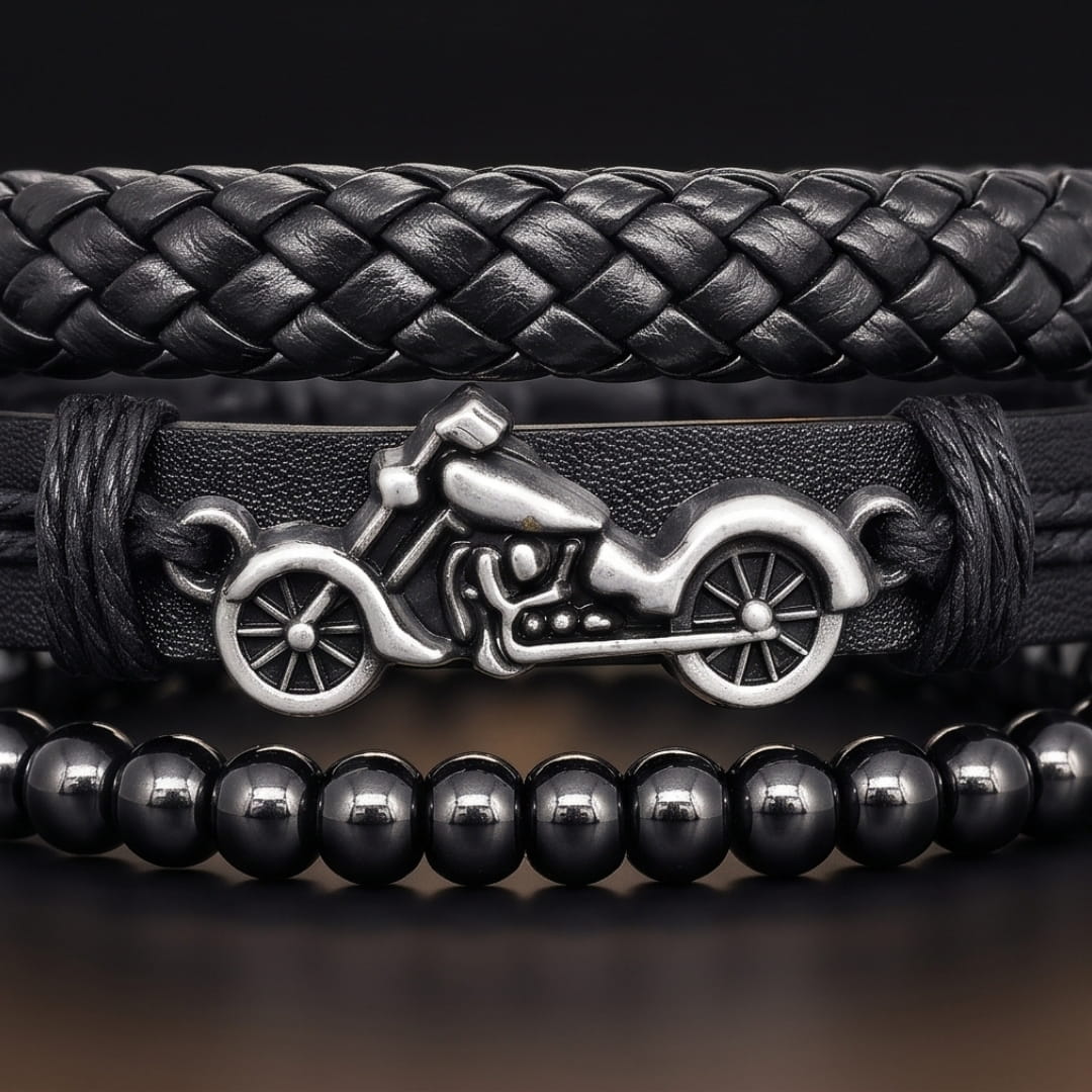 THE MEN THING Leather Bracelet MOTO RIDER BLACK - 3Pcs Genuine Leather Adjustable Bracelets Set for Men & Boys