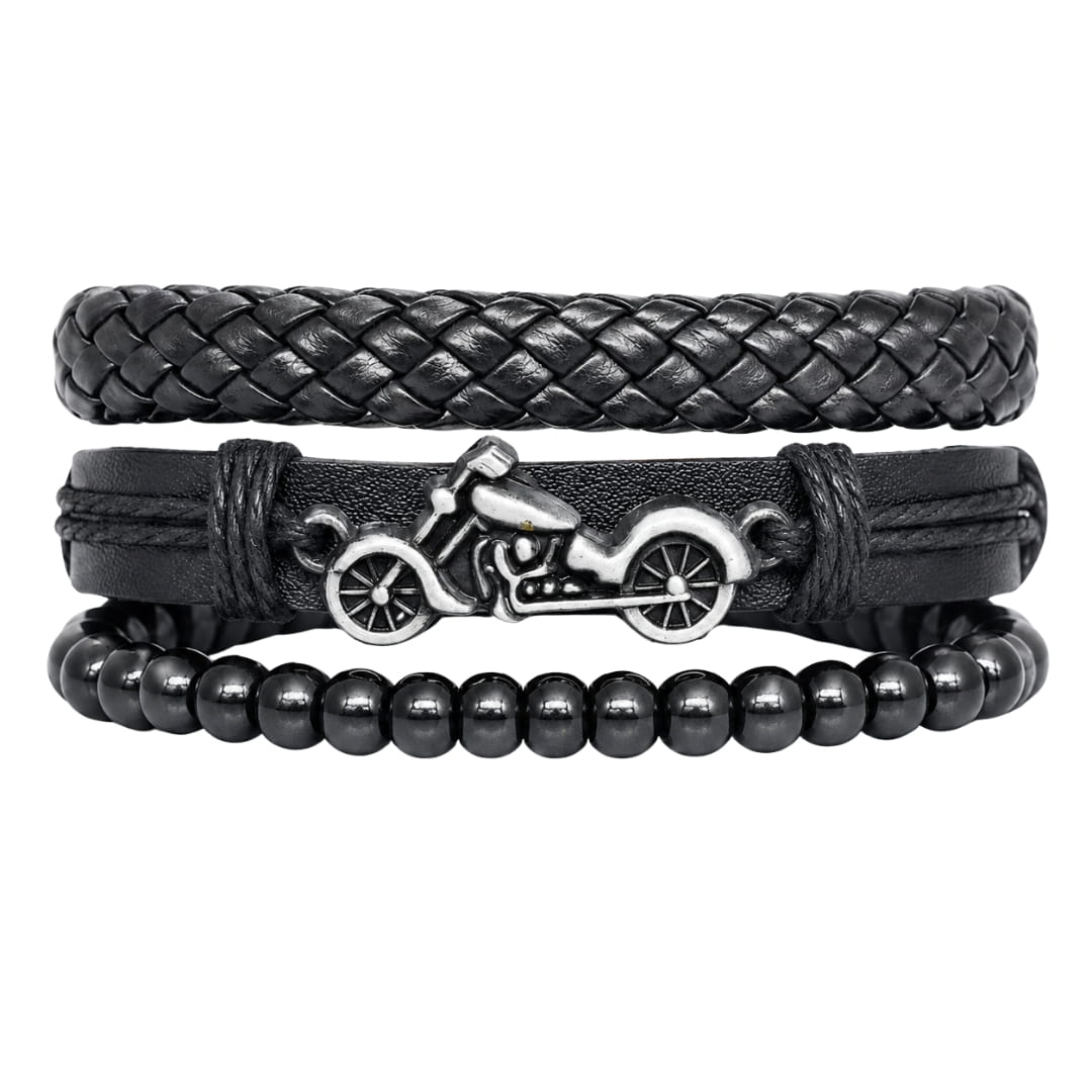 THE MEN THING Leather Bracelet MOTO RIDER BLACK - 3Pcs Genuine Leather Adjustable Bracelets Set for Men & Boys