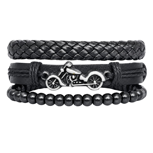 MOTO RIDER BLACK - 3Pcs Genuine Leather Adjustable Bracelets Set for Men & Boys