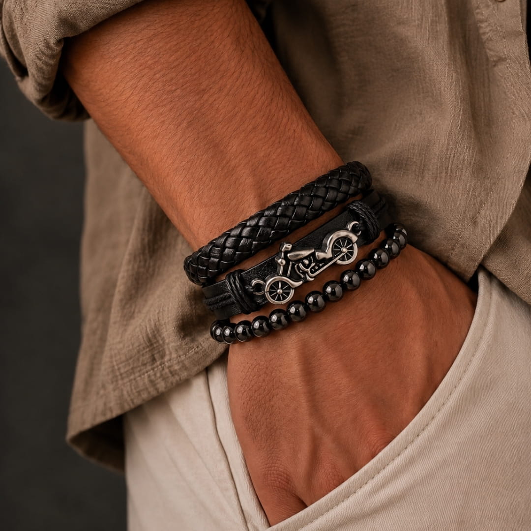 THE MEN THING Leather Bracelet MOTO RIDER BLACK - 3Pcs Genuine Leather Adjustable Bracelets Set for Men & Boys