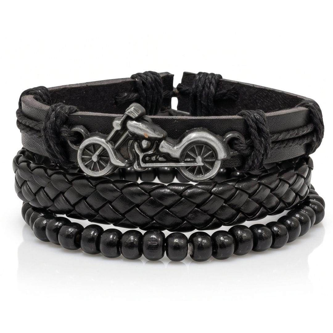 THE MEN THING Leather Bracelet MOTO RIDER BLACK - 3Pcs Genuine Leather Adjustable Bracelets Set for Men & Boys