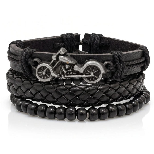 MOTO RIDER BLACK - 3Pcs Genuine Leather Adjustable Bracelets Set for Men & Boys