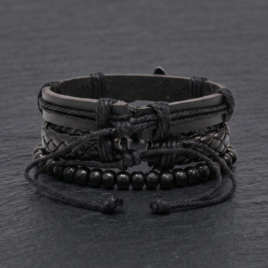 THE MEN THING Leather Bracelet MOTO RIDER BLACK - 3Pcs Genuine Leather Adjustable Bracelets Set for Men & Boys