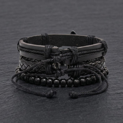 THE MEN THING Leather Bracelet MOTO RIDER BLACK - 3Pcs Genuine Leather Adjustable Bracelets Set for Men & Boys