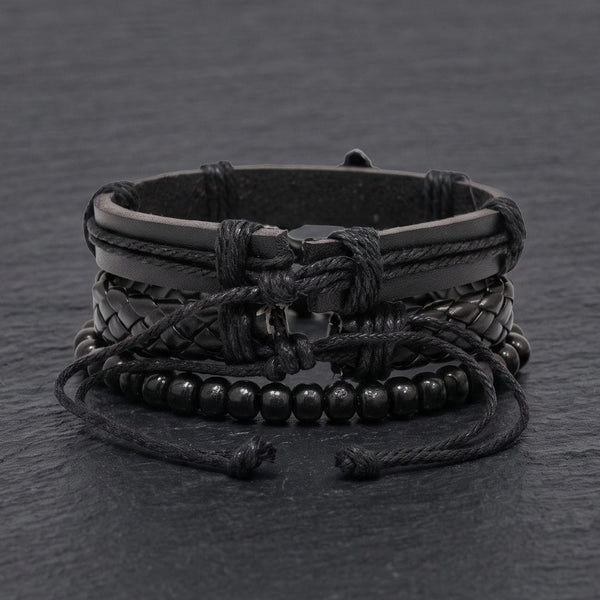 MOTO RIDER BLACK - 3Pcs Genuine Leather Adjustable Bracelets Set for Men & Boys