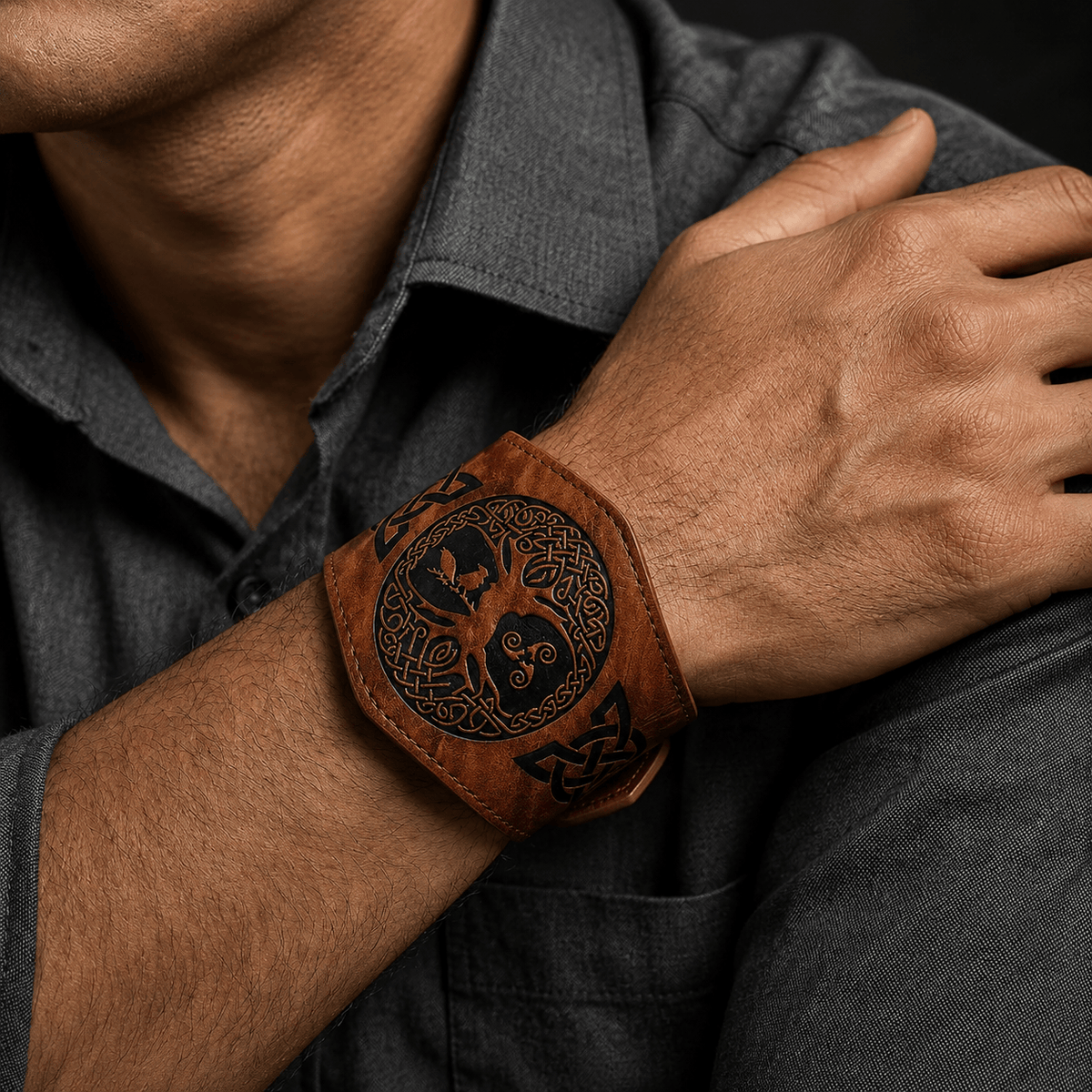 THE MEN THING Leather Bracelet MYSTIC TREE - 50.8mm Brown Genuine Leather Adjustable Bracelet for Men & Boys (7.8-8.4-9 inch)