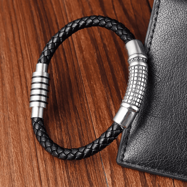 MYSTIQUE BRAID BLACK - American Style Genuine Leather Bracelet with Stainless Steel Charm Magnetic Buckle for Men & Boy (8 inch)