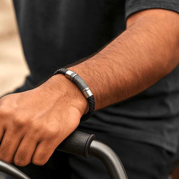 MYSTIQUE BRAID BLACK - American Style Genuine Leather Bracelet with Stainless Steel Charm Magnetic Buckle for Men & Boy (8 inch)