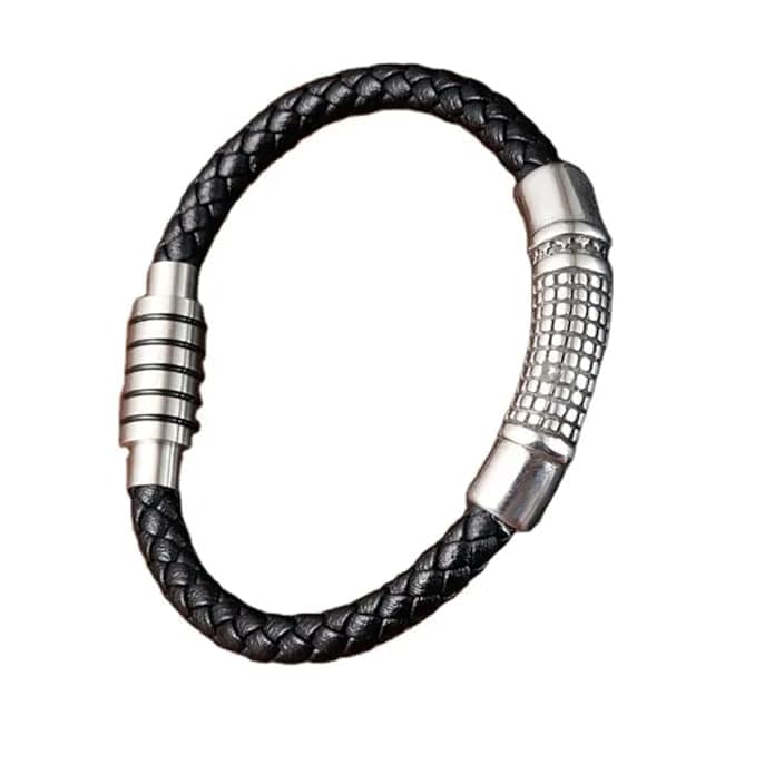 THE MEN THING Leather Bracelet MYSTIQUE BRAID BLACK - American Style Genuine Leather Bracelet with Stainless Steel Charm Magnetic Buckle for Men & Boy (8 inch)