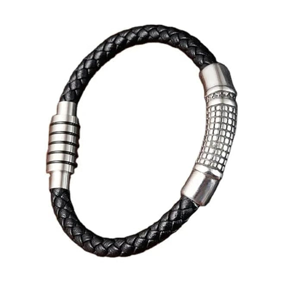 MYSTIQUE BRAID BLACK - American Style Genuine Leather Bracelet with Stainless Steel Charm Magnetic Buckle for Men & Boy (8 inch)