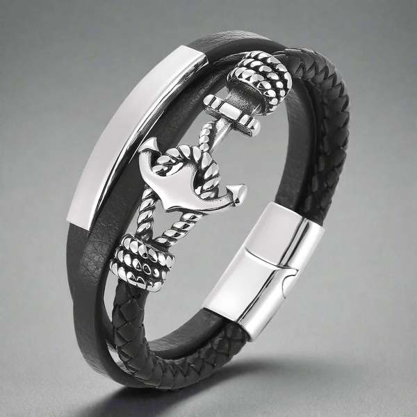 नॉटिकल एंकर ब्लैक - पुरुषों और लड़कों के लिए स्टेनलेस स्टील मैग्नेटिक बकल के साथ असली लेदर मल्टी-लेयर ब्रेडेड ब्रेसलेट (8 इंच)