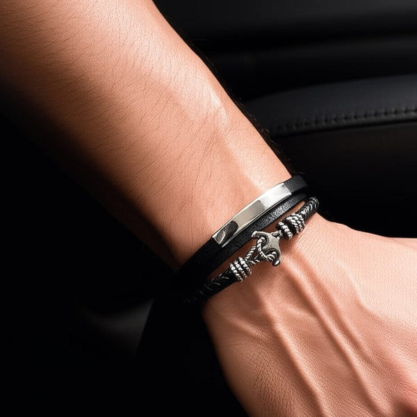 नॉटिकल एंकर ब्लैक - पुरुषों और लड़कों के लिए स्टेनलेस स्टील मैग्नेटिक बकल के साथ असली लेदर मल्टी-लेयर ब्रेडेड ब्रेसलेट (8 इंच)