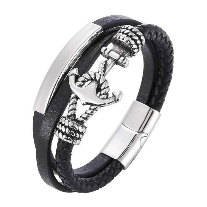 THE MEN THING Leather Bracelet NAUTICAL ANCHOR BLACK - Genuine Leather Multi-Layer Braided Bracelet with Stainless Steel Magnetic Buckle for Men & Boys (8 inch)