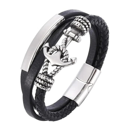 THE MEN THING Leather Bracelet NAUTICAL ANCHOR BLACK - Genuine Leather Multi-Layer Braided Bracelet with Stainless Steel Magnetic Buckle for Men & Boys (8 inch)