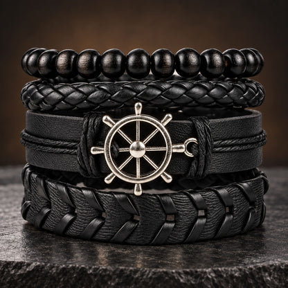 THE MEN THING Leather Bracelet NAUTICAL HELM - 4 Pcs Genuine Braided Leather Bracelet Set for Men & Boys (Adjustable)