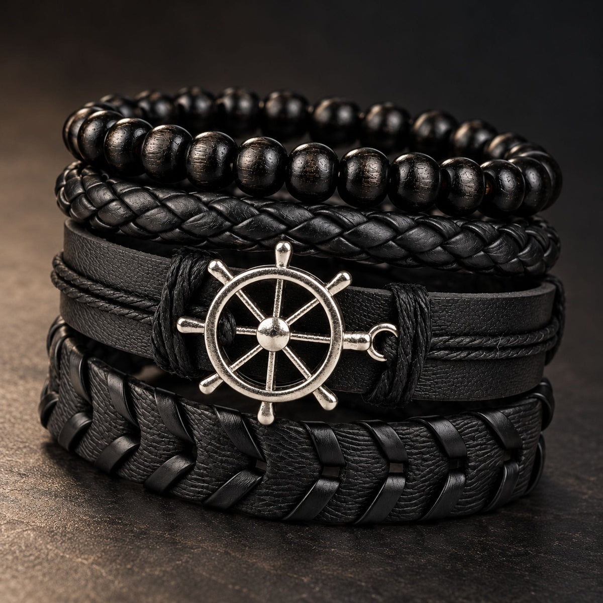 THE MEN THING Leather Bracelet NAUTICAL HELM - 4 Pcs Genuine Braided Leather Bracelet Set for Men & Boys (Adjustable)