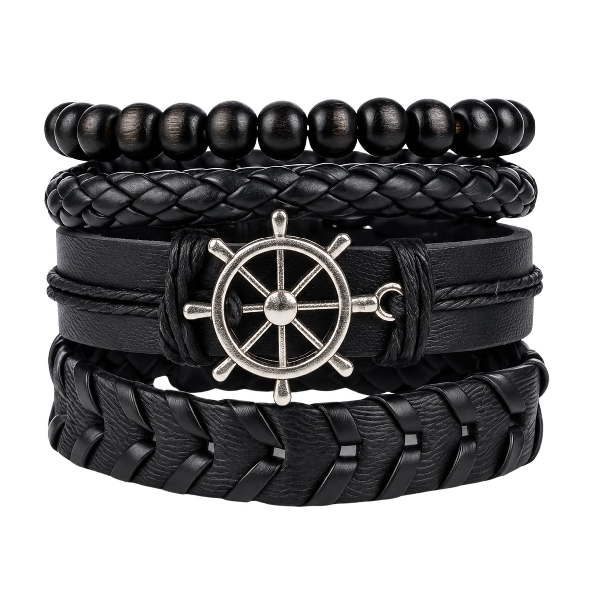 THE MEN THING Leather Bracelet NAUTICAL HELM - 4 Pcs Genuine Braided Leather Bracelet Set for Men & Boys (Adjustable)