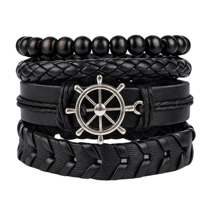 THE MEN THING Leather Bracelet NAUTICAL HELM - 4 Pcs Genuine Braided Leather Bracelet Set for Men & Boys (Adjustable)