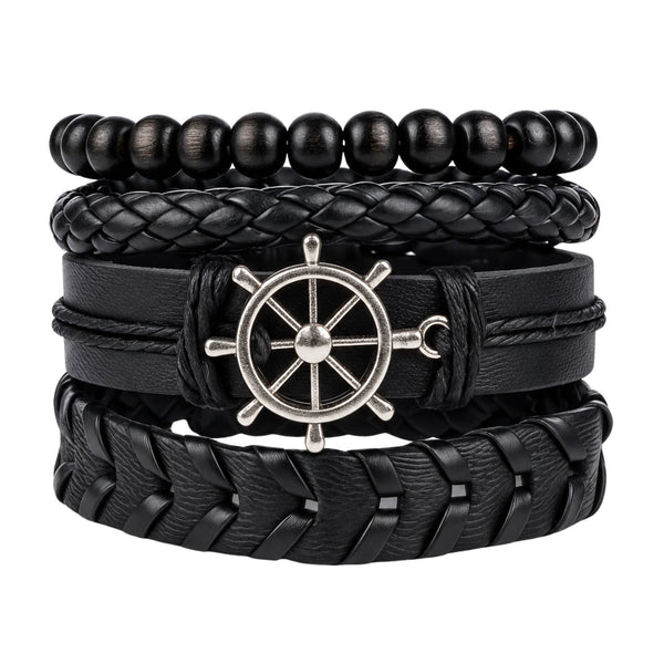 NAUTICAL HELM - 4 Pcs Genuine Braided Leather Bracelet Set for Men & Boys (Adjustable)