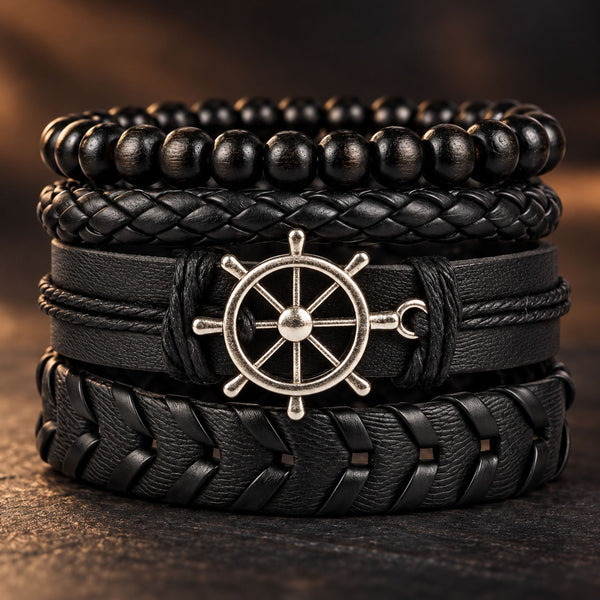 NAUTICAL HELM - 4 Pcs Genuine Braided Leather Bracelet Set for Men & Boys (Adjustable)