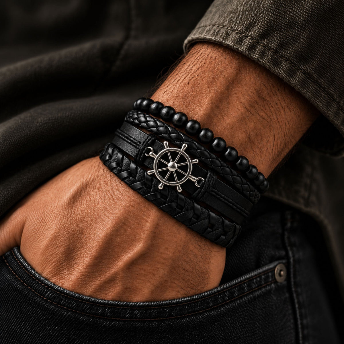 THE MEN THING Leather Bracelet NAUTICAL HELM - 4 Pcs Genuine Braided Leather Bracelet Set for Men & Boys (Adjustable)